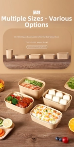 Close-up of assorted kraft paper takeaway containers in 500ml to 1000ml sizes