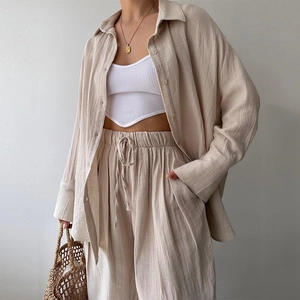 Women Casual Shirt And Pants Outfit Long Sleeve Lapel Cotton Linen Texture Solid Color High Waist Loose Loungewear