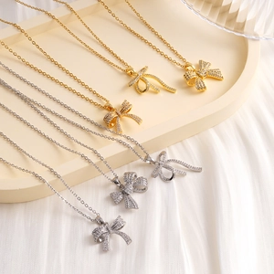 French Retro Copper Zirconia Bow-knot Pendant Necklace For Women Light Luxury Gold Silver Ribbon Clavicle Chain Jewelry Gift