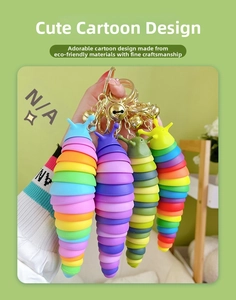 Detailed close-up of rainbow slug keychains with golden bells and swivel snap hooks