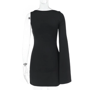 Detail of single long sleeve and asymmetric shoulder on this black bodycon mini dress