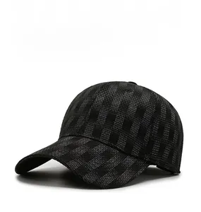 Detailed texture of dark grey striped fabric on a fitted stretch baseball sun cap