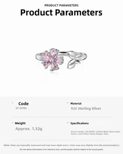 Detail of S925 sterling silver open ring with pink zircon flower and butterfly