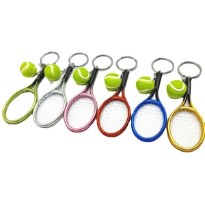 Mini tennis racket and ball keychain set in six vibrant colors for sports enthusiasts