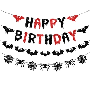 Glittery Halloween Happy Birthday banner with black spiders and red bats party decor