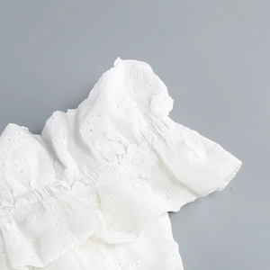 Close-up of white lace embroidery showing intricate floral patterns and cutout details