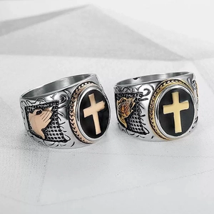 Men Ring Titanium Stainless Steel Gold Plated Retro Hip Hop Punk Cross Praying Hands Relief Religious Signet Jewelry