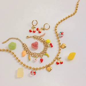 Collection Bijoux en Acier Inoxydable Fruit Émail Fraise Cerise Cœur Collier Bracelet Boucles d'Oreilles Perle Artificielle
