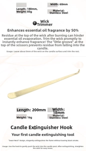 Detailed dimensions of stainless steel candle wick trimmer and gold snuffer tool set