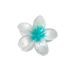 Gradient teal frangipani flower hair claw clip in a minimalist 6-petal resin design