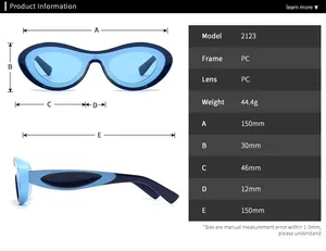 Detailed size chart for model 2123 sunglasses with PC frame and lens measurements
