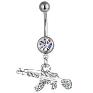 Silver gun-shaped navel ring with sparkling crystals on minimalist white background
