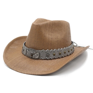 Classic Western straw cowboy hat with curved brim and decorative bull head metal buckle