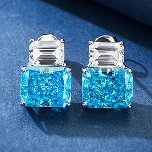 Luxurious S925 silver stud earrings with rectangle ocean blue and clear carbon diamonds