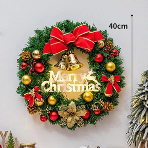 40cm Christmas wreath with red bow, gold bells, pine cones and Merry Christmas sign