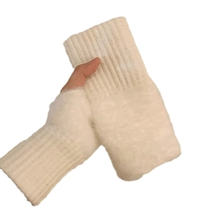 Winter faux mink fur knit fingerless gloves in cream white for women daily warmth