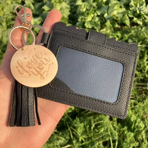 Black leather card holder with tassel, gold keyring and 'i love you' engraved wooden charm