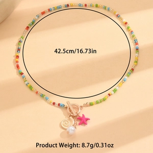 Colorful seed bead necklace with starfish, shell, and pearl charms on peach background