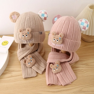 Knitted Hat And Scarf Winter Warm Cute Cartoon Bear Ears For Kids Toddlers Soft Woolen Yarn Outdoors