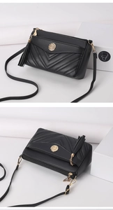 Details of black soft leather crossbody bag with multiple layers, tassel and chic round buckle.