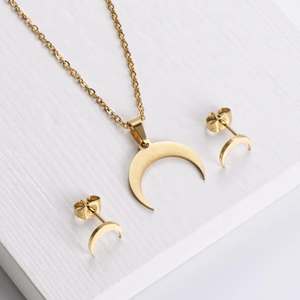 Minimalist gold titanium moon jewelry set with necklace and stud earrings
