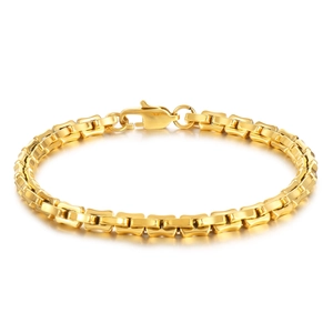 Detailed close-up of golden stainless steel box chain necklace with engraved logo