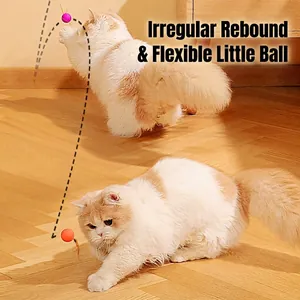 Interactive cat toy featuring bouncy pink and orange silicone ball with feather attachment