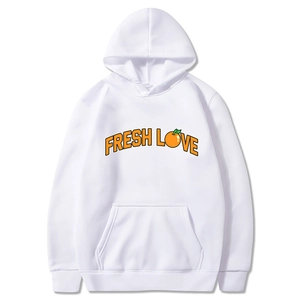 White hoodie featuring orange FRESH LOVE graphic print with citrus motif on center chest