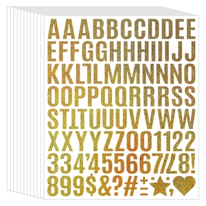 10-sheet pack of 1-inch gold glitter letter and number stickers for DIY scrapbooking craft