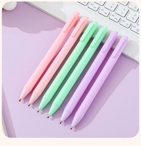 Set of 6 macaron retractable gel pens in pink, green, and purple on minimalist background