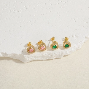 14K gold plated heart stud earrings with pink and green zircon stones in micro display