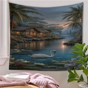 Detailansicht eines Naturlandschaft-Wandteppichs mit einer ruhigen Seeszenerie an der Wand