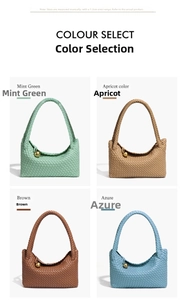 Detail view of woven leather tote bags in mint, apricot, brown, and azure with metal charm
