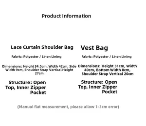 Size chart showing dimensions for lace shoulder bags and vest bags with internal pockets