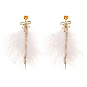 Elegant vintage tassel feather earrings with orange heart crystal and bow for women