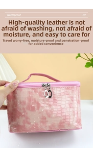 Waterproof pink stone pattern cosmetic bag with high-quality metal zippers and top handle