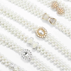 Women Elastic Waist Belt Faux Artificial Pearl Rhinestone Decorative Buckle For Dresses Fashion Accessory Elegant Corset Belt
