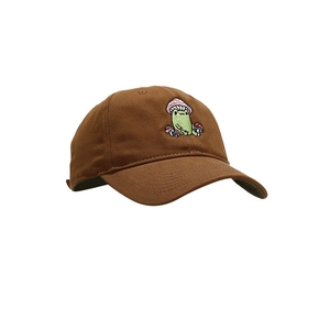 Dark brown cotton baseball cap featuring cute cartoon frog and mushroom embroidery