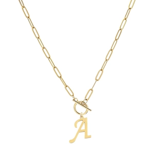 Golden paperclip chain necklace with initial A pendant and T-bar toggle clasp design