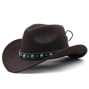Close-up of dark brown felt cowboy hat featuring turquoise beaded leather band decoration