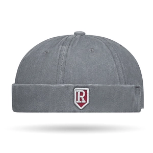Vintage dark gray washed cotton brimless docker hat with red shield 'R' embroidery