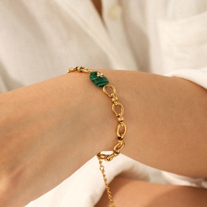 Stainless Steel Malachite Chain Bracelet Gold Plated Vintage French Style Light Luxury Adjustable Jewelry For Women