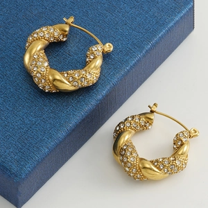 18K gold plated stainless steel twisted hoop earrings with micro-set rhinestones