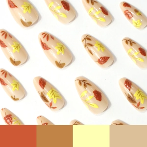 24pcs long almond press-on nails featuring warm autumn maple leaf patterns on nude base