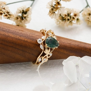 Elegante S925 zilveren 14k vergulde ringenset met mosagaat en witte zirkonia steentjes