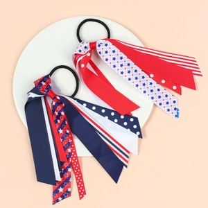 Red white and blue US flag style ribbon hair ties with star and stripe patterns