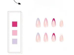 Detail view of almond press on nails featuring colorful French tips in purple and pink