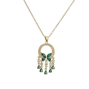 Exquisite gold necklace featuring a green butterfly pendant and elegant zircon tassels