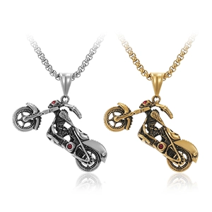 Motorcycle Pendant Necklace Stainless Steel With Red Rhinestone Hip Hop Punk Biker Street Style Jewelry For Men