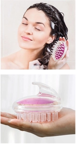 Silicone scalp massager brush in purple and transparent design for hair washing